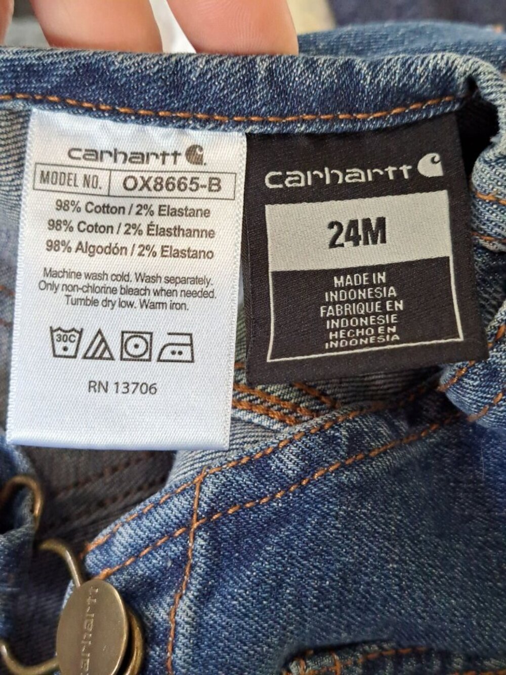 Carhartt Baby Denim Overalls 24M Adjustable Straps Snap Leg Openings Blue Jeans - Picture 6 of 6
